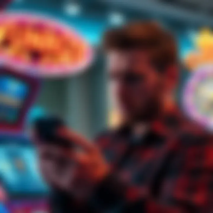 A player looking disappointed while checking winnings on a phone, with a casino logo in the background.
