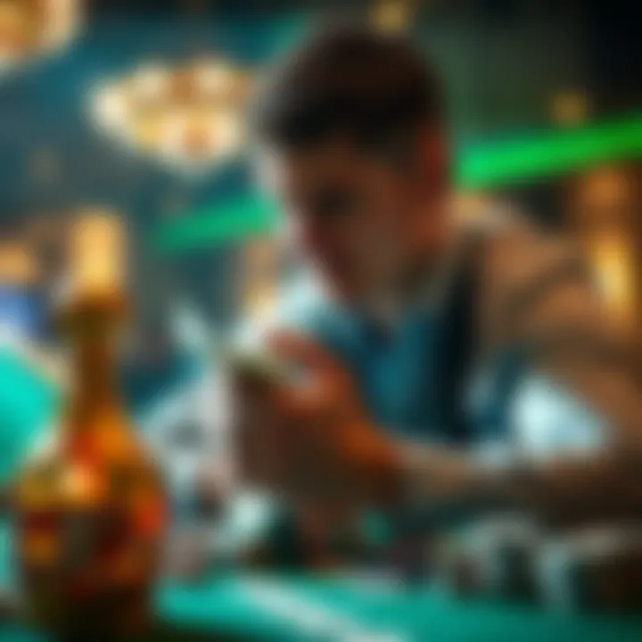 A frustrated player counting lost money at a casino table after facing unfair bonus conditions at Quickmilly Casino