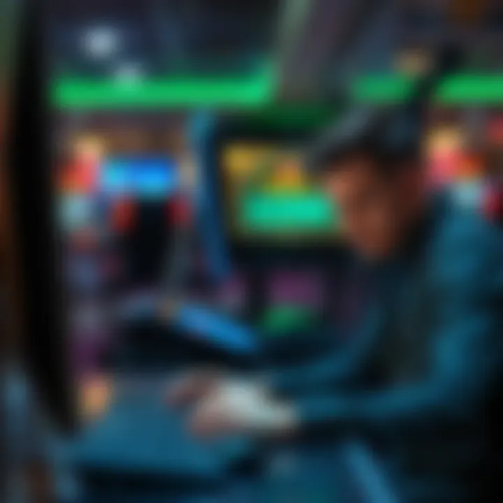A person sitting at a computer looking disappointed, showing a screen with reduced bonus winnings. The environment resembles an online casino setup.