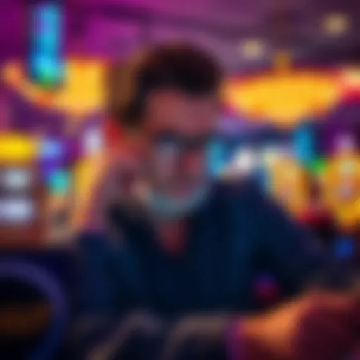 Player Frustration with Betting Losses A disappointed player looks at their screen showing a loss of $2500 and a small offer of $50 in free play. The background shows a casino setting.