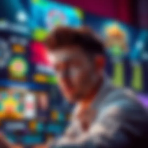 A man looking disappointed at his computer screen, with casino graphics in the background, symbolizing account issues and winnings lost.
