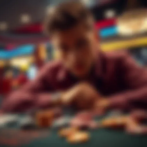 A person sitting at a table, nervously staring at gambling chips and cards, with a hopeful expression, anticipating a win.