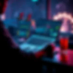 A person reviewing game statistics and strategies on a laptop, with notes and a drink beside them.