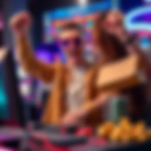 A joyful player celebrating after a successful gaming session with a winning screen in front of them