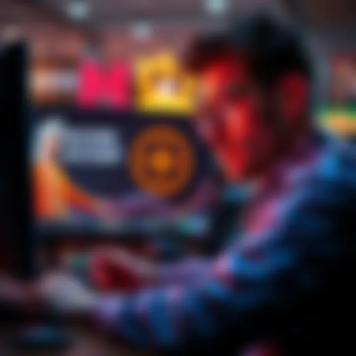 A concerned player looking at a computer screen showing a blocked account message, with gaming elements around.