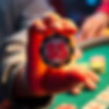 A player holding a found $5 chip, questioning its value in their gambling winnings
