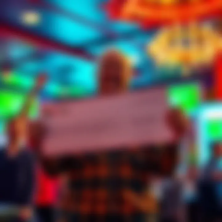 A happy player holding a check for 11,000 dollars with joyful friends in the background after a long wait for a Keno win.
