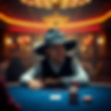 A poker player sits at a table wearing a big hat, looking thoughtful as they consider their space options.