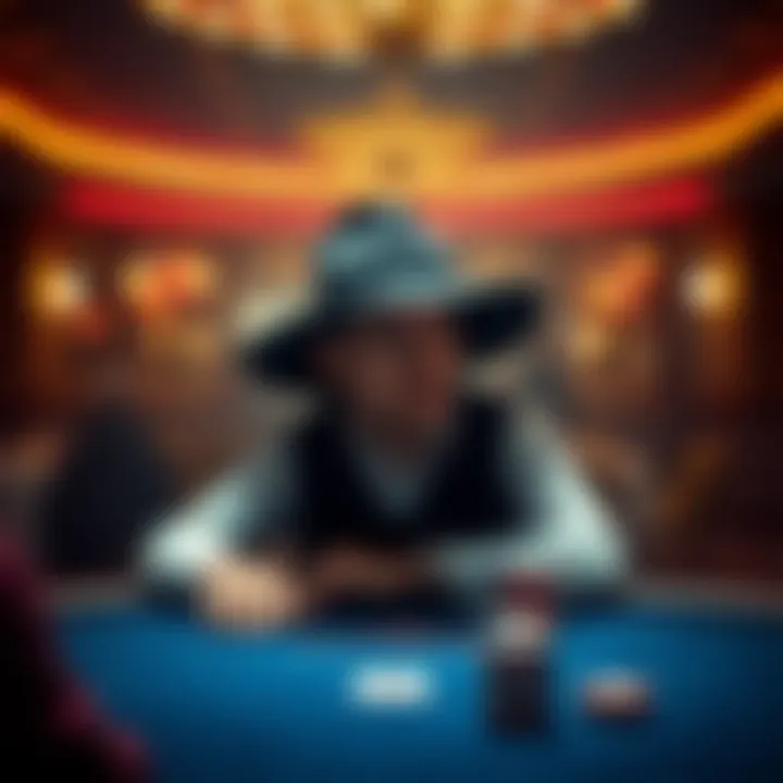 A poker player sits at a table wearing a big hat, looking thoughtful as they consider their space options.