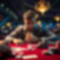 A casino scene showing a player looking distressed at a Blackjack table with cards and chips scattered, depicting a significant loss