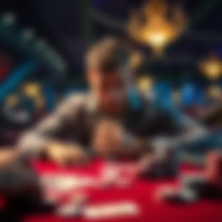 A casino scene showing a player looking distressed at a Blackjack table with cards and chips scattered, depicting a significant loss