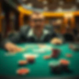 A worried player staring at a Blackjack table with cards and chips scattered, showing disappointment after losing money