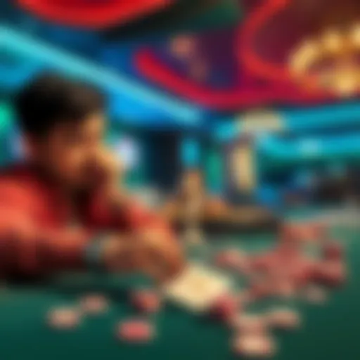 A frustrated player sitting at a casino table, looking at losing cards while chips are scattered around