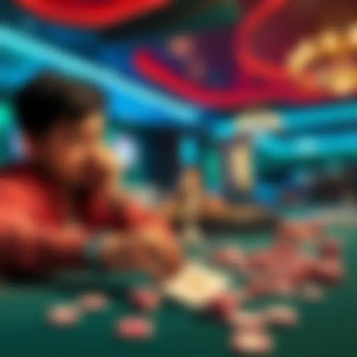 A frustrated player sitting at a casino table, looking at losing cards while chips are scattered around