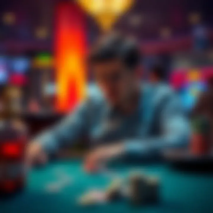 A person sitting at a gambling table, looking distressed as they lose money