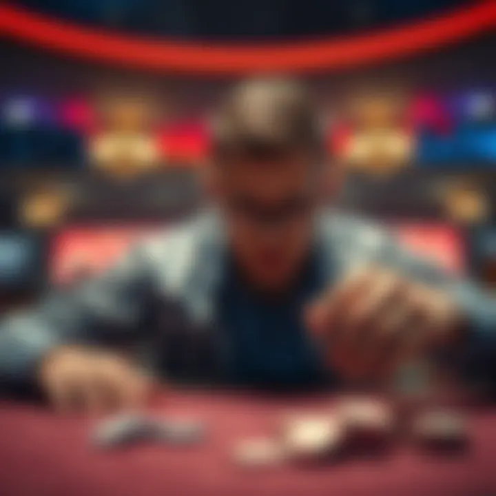 A frustrated player looks at empty poker chips and a game table, reflecting on lost winnings.