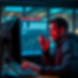 A distressed player looks at a computer screen showing a loss in earnings, reflecting frustration over losing money rapidly.
