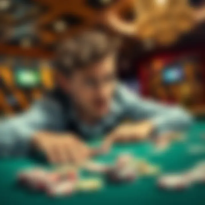 Player Losing Money at Casino A person at a casino table looking distressed after losing money, with chips scattered around and a concerned expression on their face.