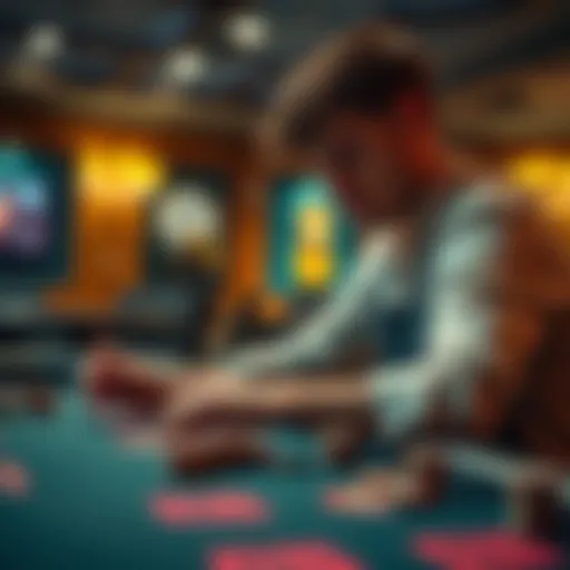 A person sitting at a casino table, looking thoughtfully at their chips while reviewing their bankroll management strategy