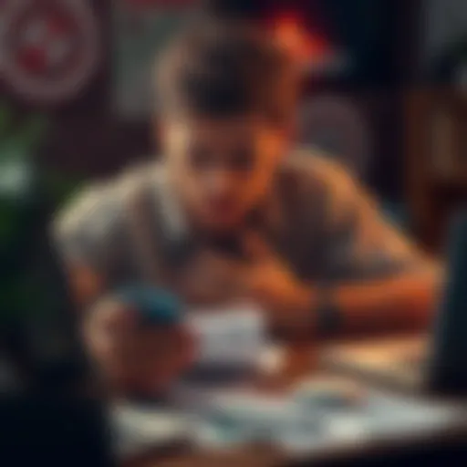 A concerned player looking at their phone, frustrated by payment problems with Zulu. Papers and a laptop are on the table, showing confusion over documentation.