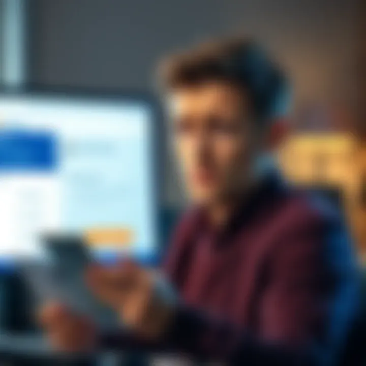 Player experiencing payout issues A concerned player looking at their bank account with a puzzled expression, indicating issues with a supposed successful transaction, while a computer screen shows a customer support chat.