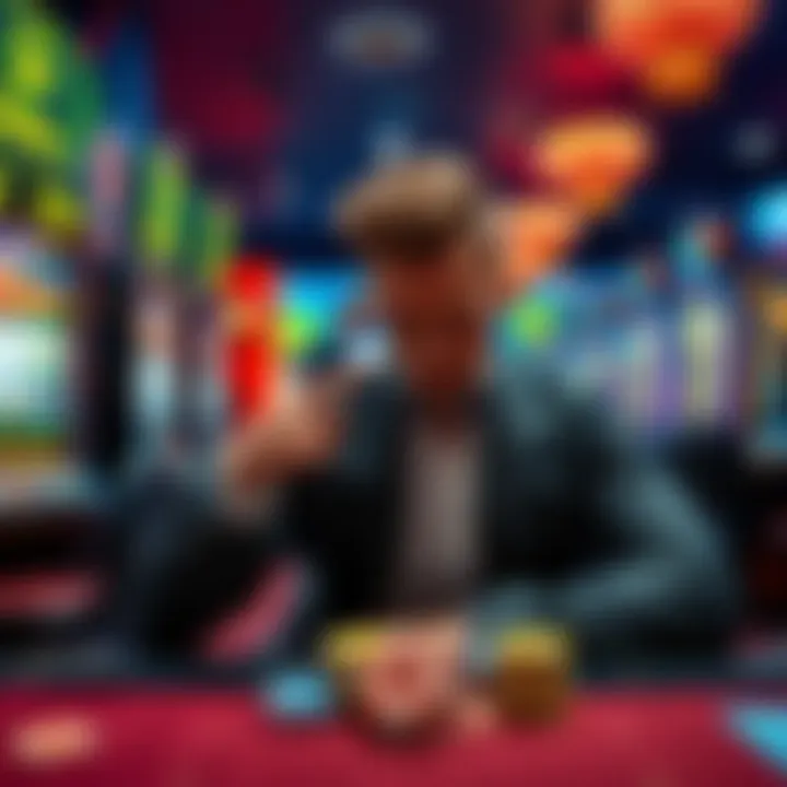 A distressed player at a casino, nervously asking for a refund after a loss, surrounded by gaming machines and chips.