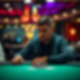 A player sits at a poker table, contemplating a big decision during a game with focused expression, chips and cards in front of him.