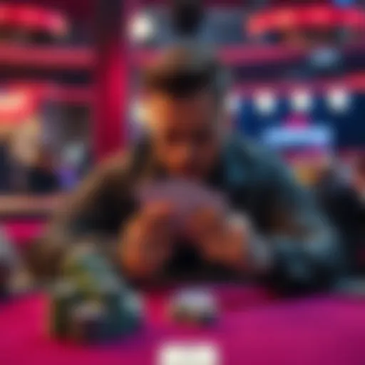 Player at poker table A focused player contemplating his move at a poker table during a WSOP tournament, with cards in hand and chips stacked in front.
