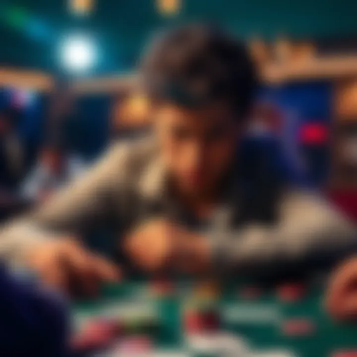 A player intensely engaged in a Pot-Limit Omaha poker game, with cards and chips on the table, showcasing strategy and concentration.