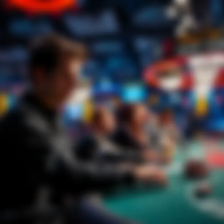 Player preparing for WSOP Gladiator event A focused player sitting at a poker table, studying cards, surrounded by other competitors in a lively tournament environment