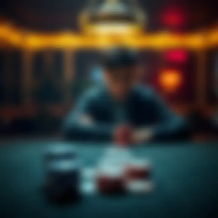 A person sitting alone at a table with a sad expression, looking away from a stack of poker chips and cards, symbolizing a decision to stop gambling.