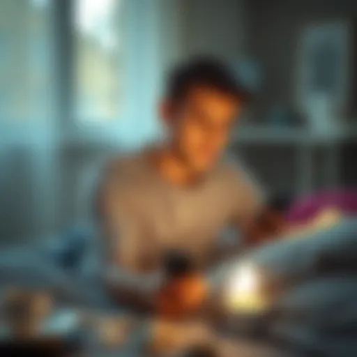 A person sitting on a bed with a thoughtful expression, staring at a phone showing a game, morning light coming through a window