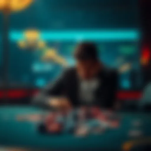 A somber man sits alone at a table with casino chips scattered, reflecting on his struggles with gambling addiction and emotional pain.