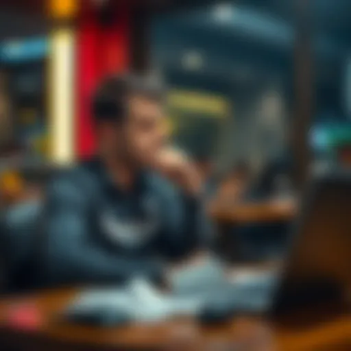 Player Reflecting on Bets A man sitting at a table looking thoughtfully at betting slips and a laptop, with a concerned expression on his face.