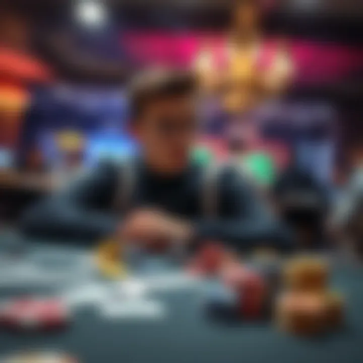 Player Reflecting on Gambling A person sits at a gambling table, looking thoughtful, with chips and cards spread out in front of them, illustrating the struggles of gambling addiction.