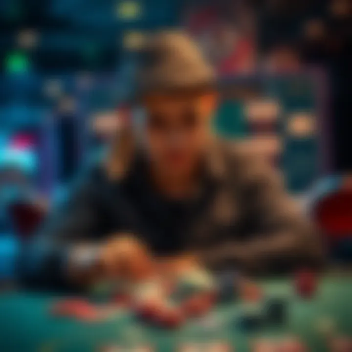 Player Reflecting on Gambling Choices A person sitting at a table with playing cards and chips, looking thoughtful about their gambling decisions.