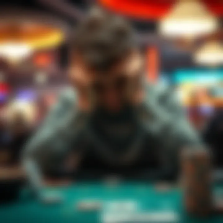 A person sits at a casino table, holding their head in their hands, showing frustration and contemplation about wins and losses.