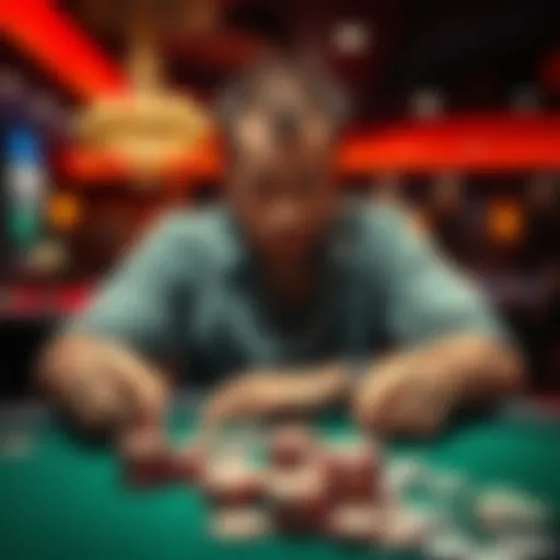 A person sits at a poker table looking worried, surrounded by chips and cards, contemplating their gambling situation.