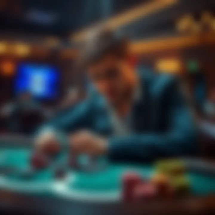 A thoughtful player analyzing their game performance with cards and chips on a table