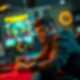 A focused player sitting at a gaming desk, looking contemplative after facing a $7,000 loss, with gaming equipment in the background.