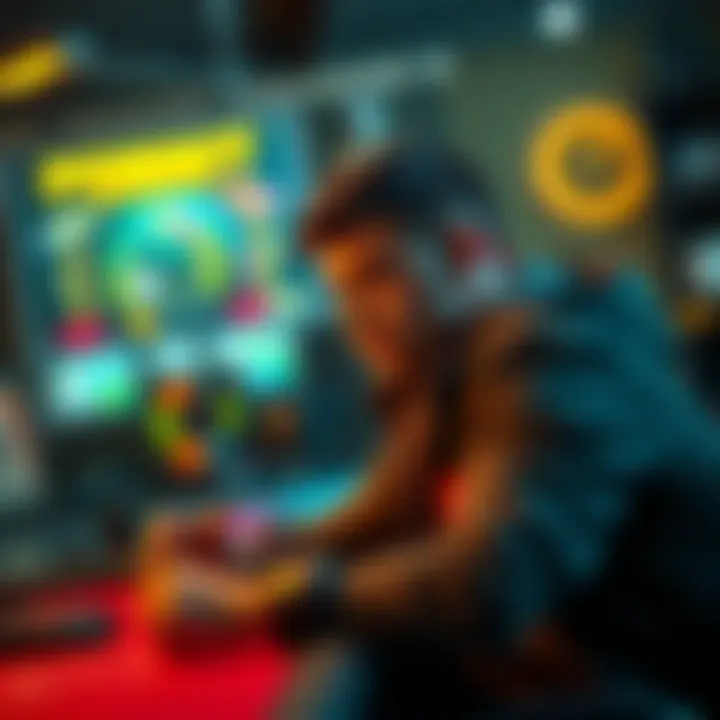 A focused player sitting at a gaming desk, looking contemplative after facing a $7,000 loss, with gaming equipment in the background.