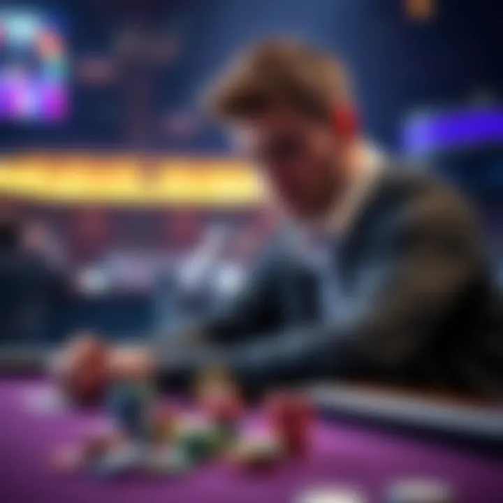 Player Reflecting on Poker Loss A poker player sits at a table, looking thoughtful after a loss, with chips in front of him, symbolizing his struggles and hopes for a comeback.