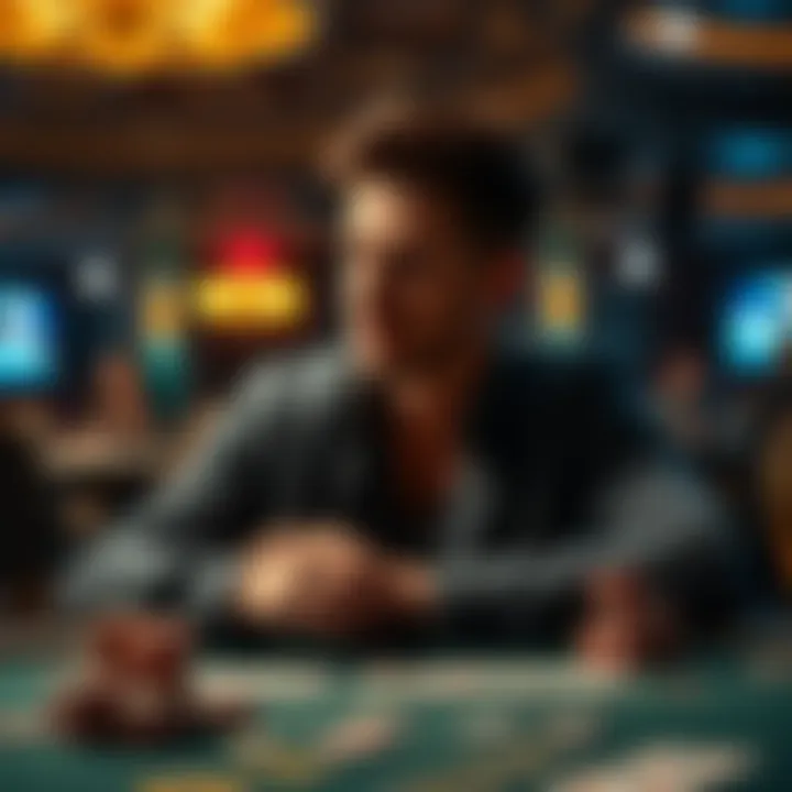 A player sitting at a gaming table, looking thoughtful after winning and losing money while playing strategically. The table is covered in cards and chips.