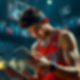 Player Reviewing Statistics A distressed basketball player examines misleading statistics on a tablet, symbolizing confusion and financial loss from bad betting decisions.