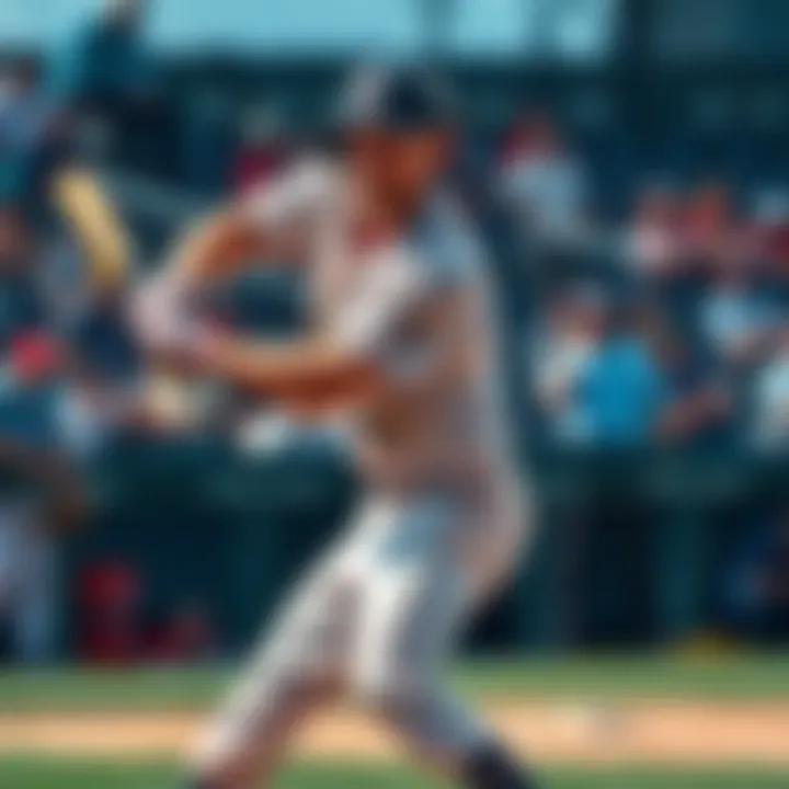 Athlete Rice hitting a baseball with determination, showcasing a strong swing during a game.