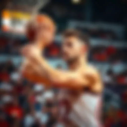 A player looks determined while scoring points in a high-stakes basketball game, with the crowd in the background showing excitement. No visible jersey number, focus on the player's expression and mot...