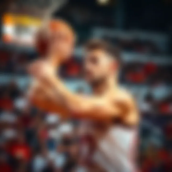A player looks determined while scoring points in a high-stakes basketball game, with the crowd in the background showing excitement. No visible jersey number, focus on the player's expression and mot...