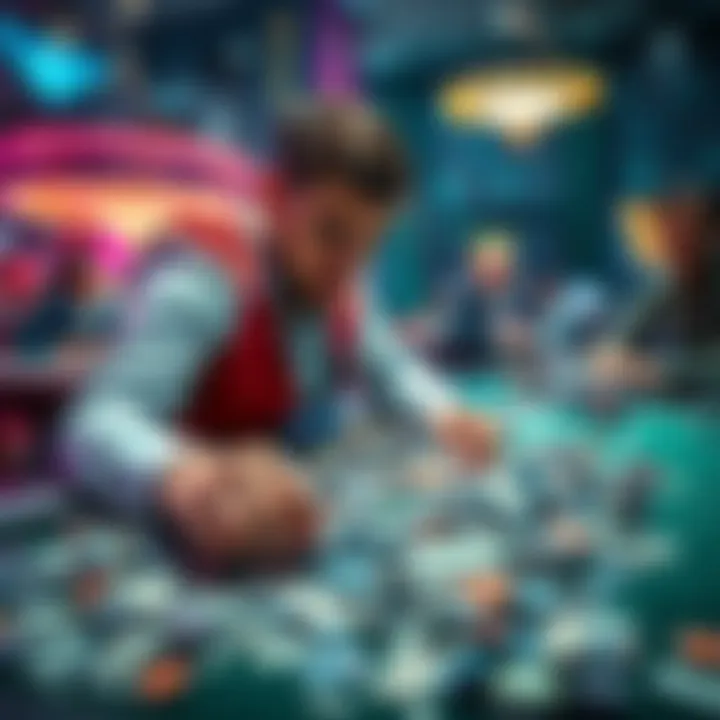 Player searching through muck at WSOP A player at a poker table searching through a pile of muck for his lost cards during a WSOP event, with a dealer watching.