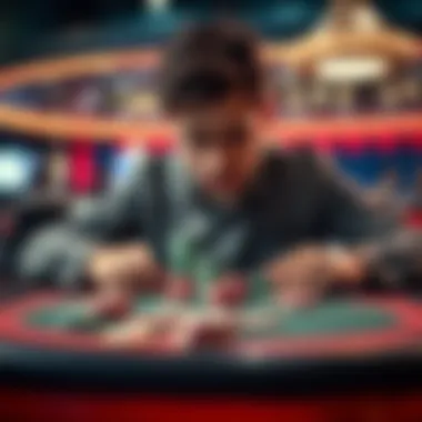 A distressed player sitting at a gaming table, looking worried with empty chips in front of him, symbolizing loss and the need for support.