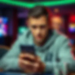 A player looking concerned while holding a stack of poker chips and a smartphone, expressing a need for financial help to increase their bankroll for gaming strategy.